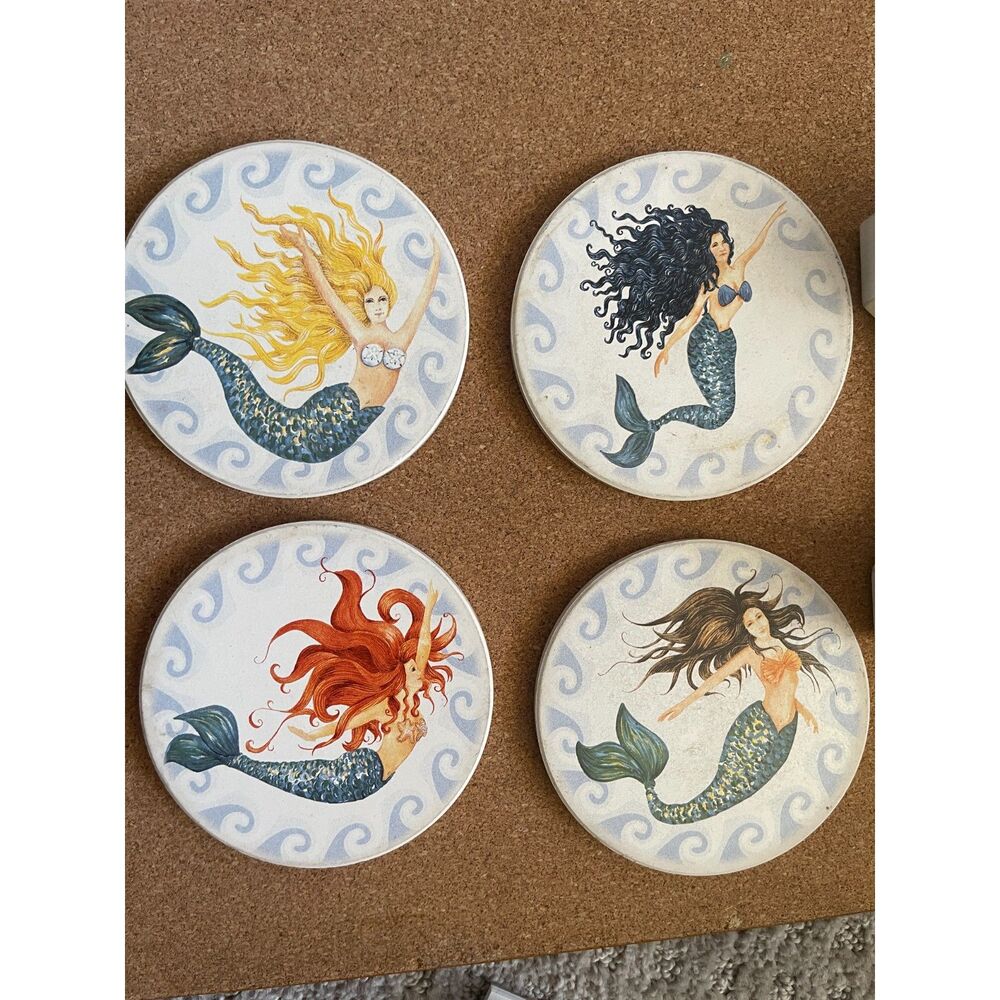 Vintage Mermaid Coasters Set 4 Beach Decor Stoneware Absorbent Style Boxed NOS - Picture 2 of 8